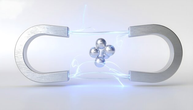 Steel horseshoe magnets repelling glowing metallic spheres, symbolizing incompatible data systems, AI bias, and algorithmic friction.