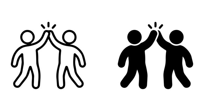Teamwork High Five Icons, Two People Celebrating Success, Partnership and Unity Vector Graphics