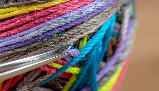 Silver tweezers pulling a single white thread from a chaotic tangled ball of neon yarn, symbolizing untangling biased algorithms and AI ethics.
