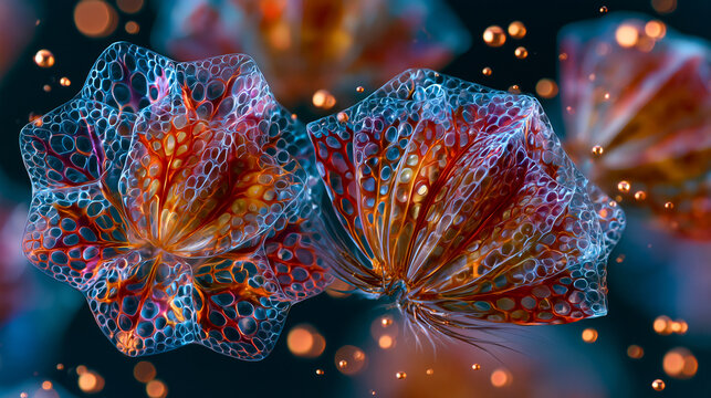 Brine shrimp cyst shells Artemia franciscana display surface ornamentation under extreme magnification, the trefoil alveolar network across each outer cortex layer providing impact resistance, the d