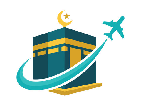 Kaaba pilgrimage vector icon design representing the Hajj travel concept with an airplane swoosh and an Islamic symbol, flat.
