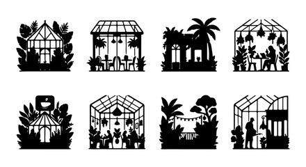 Fototapeta premium Greenhouse Silhouette Collection, Indoor Gardening Vector Icons, Botanical Illustration Set