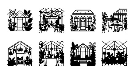 Greenhouse Icons Set, Botanical Garden Structures, Plant Growing Domes, Solarium Building Illustrations © shanto