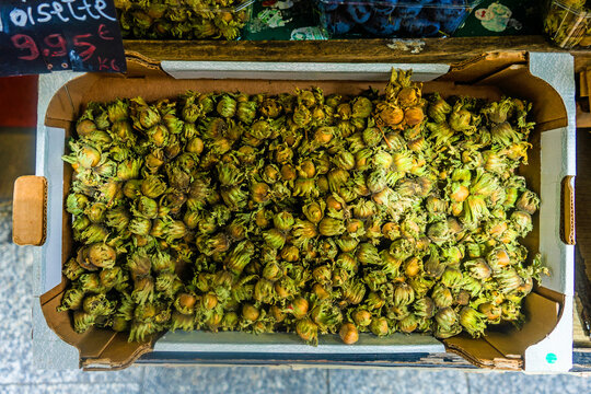 Fresh hazelnuts displayed for sale at a market in France showcasing their natural appearance and texture