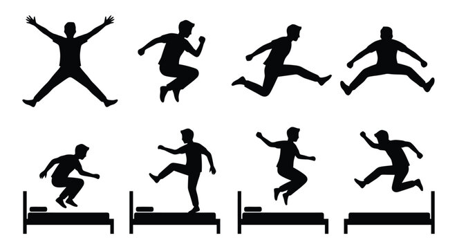 Man jumping on bed and in air multiple action poses silhouette set.