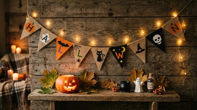 Halloween home interior decoration with festive triangular banner hanging on rustic wooden wall above a carved glowing pumpkin and miniature ghost figures halloween decoration