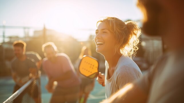 Young friends playing pickleball outdoors, candid laughter, bright day