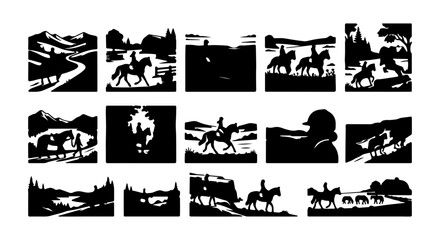 Fototapeta premium Equestrian Silhouette Scenes, Horse Riding Landscapes, Rural Countryside Vistas, Outdoor Adventure Vector Art