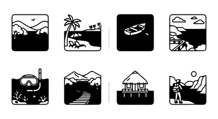 Tropical Island Vacation Icons, Beach Resort & Ocean Travel Vector Set, Summer Holiday Activities © md