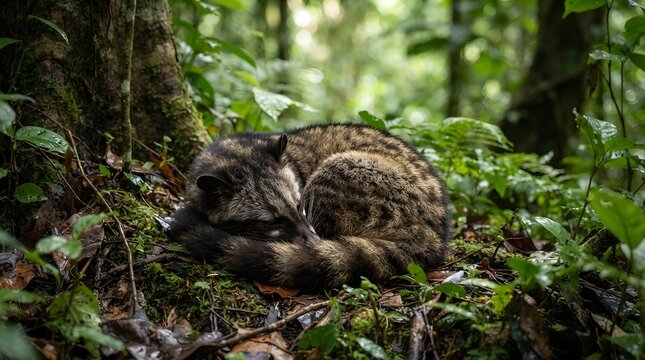 Asian palm civet sleeping curled up on the forest floor
