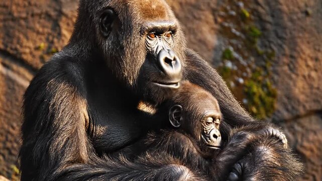 Adult female gorilla cradling infant baby gorilla in arms; close-up view against rocky background with warm golden hour sunlight illuminating dark textured fur.