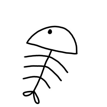 Aesthetic simple hand drawn fish skeleton sticker. Minimalist cartoon dead fish bone icon isolated for planner, journal, and design asset.