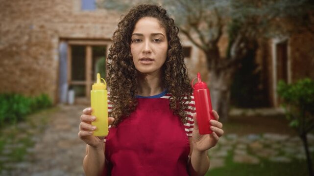 Woman in apron holds yellow mustard and red ketchup bottles in hands in building entrance, direct gaze and subtle expression; contemplation.