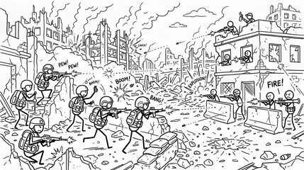 Obraz premium Warzone Conflict Sketch: A chaotic stick figure illustration depicting an intense urban battlefield scene, showing soldiers engaged in combat amid crumbling ruins and heavy destruction.
