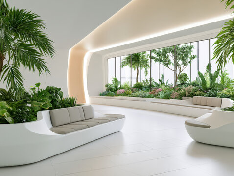 Biophilic Design in a Hospital Waiting Area with Curved White Walls and Integrated Planters Healing Garden