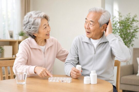 薬の飲み忘れに気づき服薬を促す日本人シニア夫婦