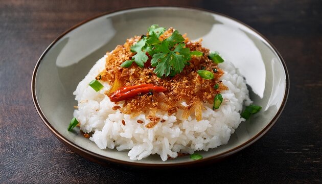 cooked white rice presenting a delightful chili crisp topping artfully garnished with fresh herbs and toasted sesame seeds creating a savory and spicy side dish or light meal
