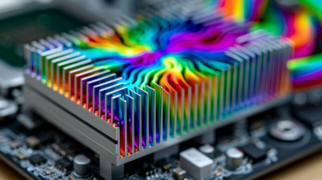 Infrared thermal gradient patterns abstract across an aluminum heatsink array, cooling fins conducting warmth away from a processor contact plate, anodized surface oxide layer uniform across the ext