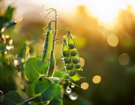 close up of pea plants with pods and dew drops sunlight bokeh background