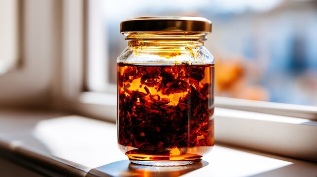 calabrian. A jar of homemade chili oil on a sunny windowsill, vibrant red color. menu design, packaging mockups, designed for food delivery and cloud-kitchen brand materials.