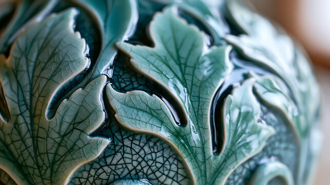 Kiln-fired celadon glaze on a Song Dynasty-style ceramic vessel pools in carved relief channels, the iron-reduced feldspathic glaze creating a nephrite jade-like translucent surface, crazing network