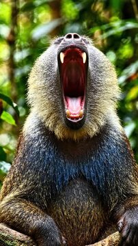 Mandrill yawning in its natural habitat during a sunny day