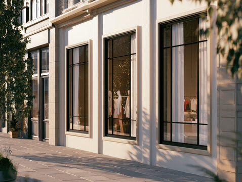 Boutique retail storefront with large display windows and an urban sidewalk, morning sunlight casting shadows, photorealistic, 8k, hyperdetailed