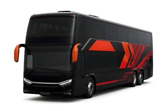 Black double decker bus with red stickers isolated on white