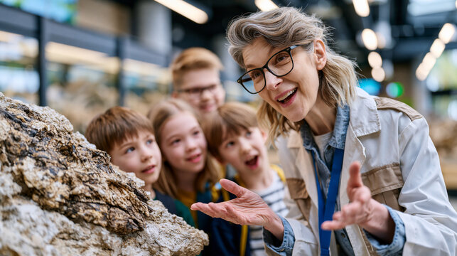 Natural history museum volunteer docent explaining a fossil specimen to a school group in a gallery hall, specimen mounted at chest height, children leaning in curiously, display cases stretching be