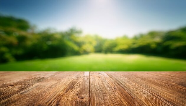 wooden table texture with defocused green garden background