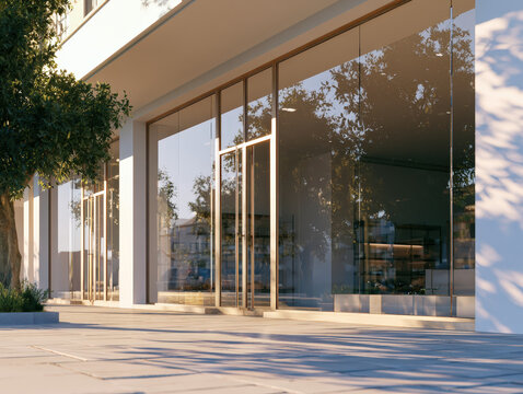 Photorealistic boutique retail storefront with large display windows and urban sidewalk in morning sunlight casting shadows, 8k hyperdetailed