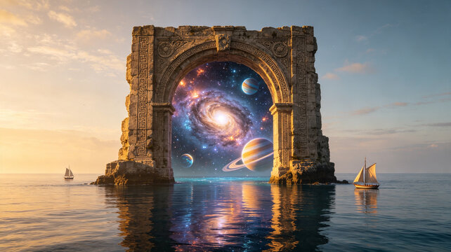 Surreal Cosmic Portal Stone Arch in Daytime Ocean with Galaxy and Planets
