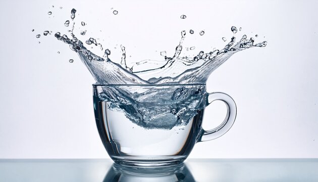 clear glass cup filled with water splashing and droplets flying in midair isolated on white background with high detail and focus