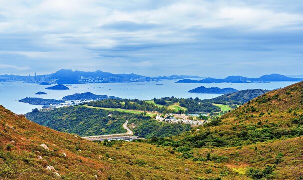 Panoramic view of golf club and Hong Kong islands from Lo Fu Tau Country Trail on Lantau Island in China