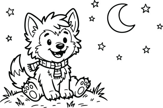 Charming wolf pup illustration with crescent moon and stars black and white line art
