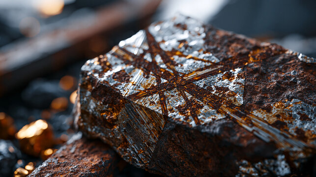 Oxidized iron meteorite slice reveals the Widmanst&auml;tten pattern of nickel-iron crystal bands, taenite and kamacite lamellae forming geometric intersecting plates that grew over billions of years of 