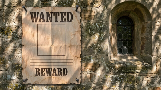 Vintage Wanted Poster with Reward on Ancient Stone Wall