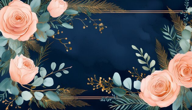 wedding invite invitation card floral design blush peach rose flowers green asparagus fern eucalyptus leaves frame with cinnamon rose gold brush stroke art bouquet on navy blue background