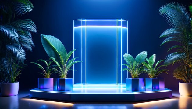 vibrant display pedestal lush plants surround central blue cube neon lights illuminate futuristic scene dramatic lighting creates depth