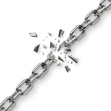 Diagonal shiny chrome silver chain snapping and shattering isolated on white background, breaking free from constraints, freedom, liberation, and weakness concept graphic asset, Generative AI