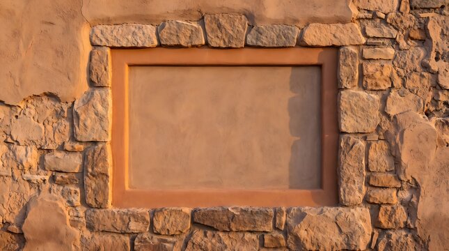 Rustic Stone Wall Surface Featuring a Smooth Rectangular Plaster Frame for Copy Space Background