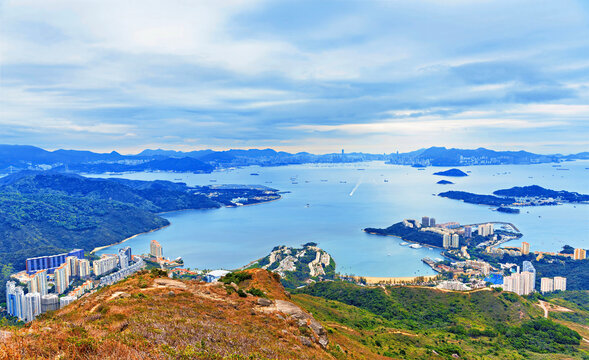 View of Hong Kong from Lo Fu Tau Country Trail on Lantau Island during a cloudy day in China