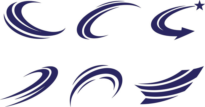 Dynamic navy blue swoosh waves and speed logo elements set.