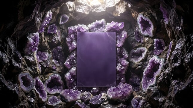 Blank Purple Card Surrounded by Natural Amethyst Crystal Geodes in a Dark Mystical Cave Interior