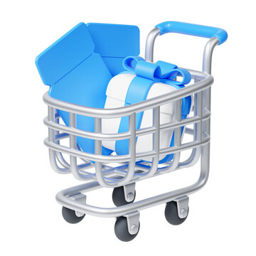 3D Shopping Cart with Gift Box and Coupon Isolated on Transparent Background