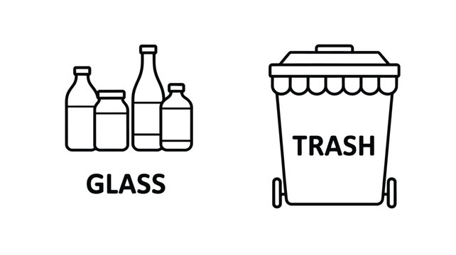 Waste sorting vector line icon set featuring glass bottles jars and trash wheelie bin isolated on a white background