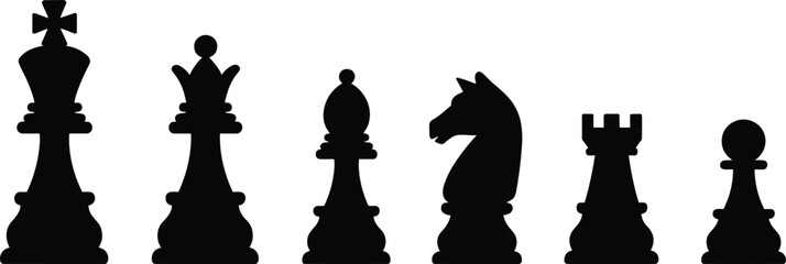 Black Silhouette Chess Pieces Lined Up On White Background game strategy © Ashraful