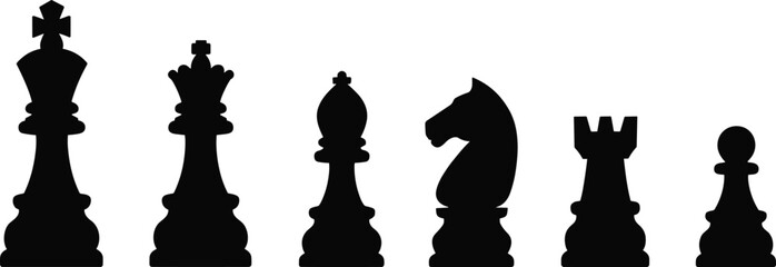 Black Silhouette Chess Pieces Lined Up On White Background game strategy © Ashraful