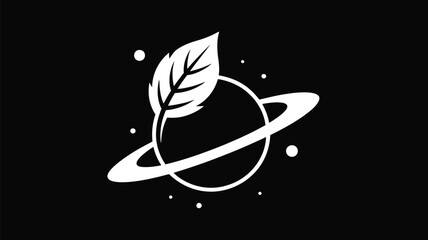 Minimalist white planet and leaf vector icon on black background, representing eco space concept, global environment, and green astronomy logo. © Atikul