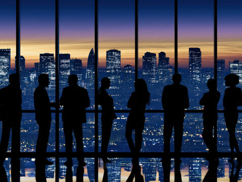 Business leaders silhouetted against a massive city skyline window discussing strategy, photorealistic, 8k, hyperdetailed